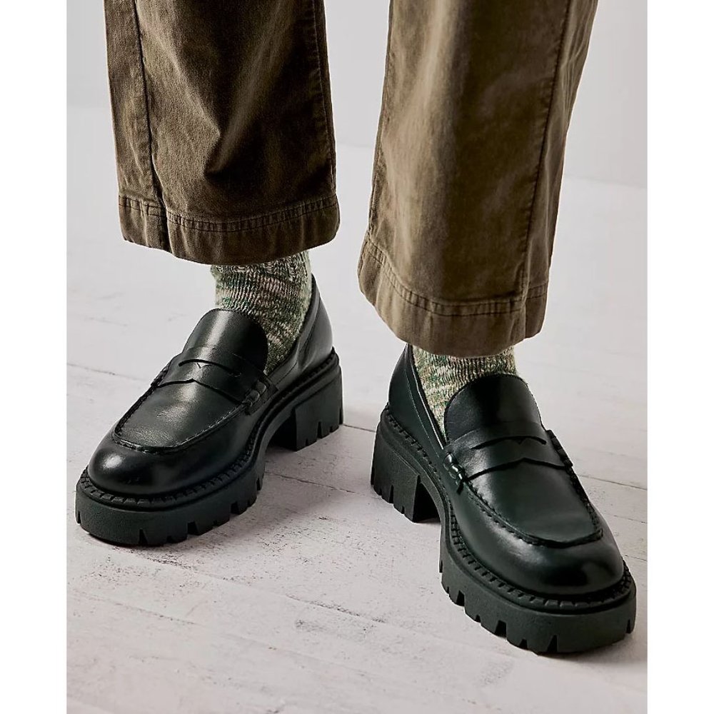 FREE PEOPLE Lyra Lug Sole Loafers / Deep Jade Leather